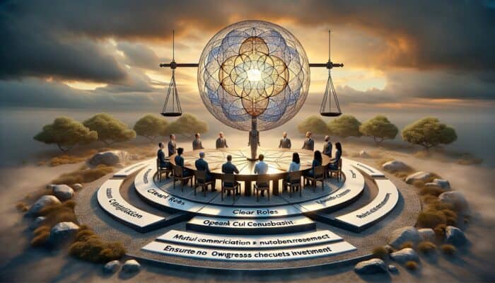 Infographic illustrating expert collaboration with clear roles, mutual respect, and open communication.