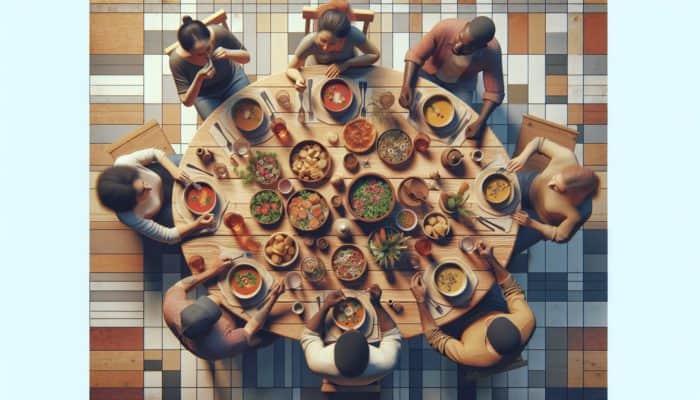 A diverse group enjoying simple weeknight meals like pasta, salad, and soup at a cozy kitchen table.