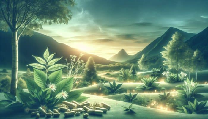 Adaptogens Taking Over Fitness: A serene landscape with glowing ashwagandha and ginseng, symbolising stress relief and enhanced athletic performance.