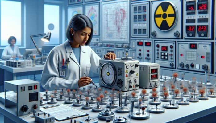 A scientist calibrating Geiger-Müller counter and scintillation detector in a well-equipped radiation research facility.