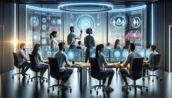 Diverse team of human virtual analysts in tech office, analysing data indicating reduced churn and increased satisfaction.