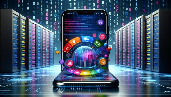 Smartphone displaying an e-commerce site with optimized graphics, set against binary code and server infrastructure.