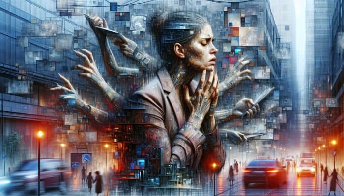 Managing Stress for Women: A stressed woman juggling work, family, and societal pressures in a chaotic environment.