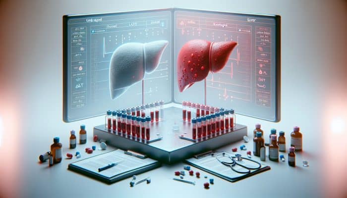 Liver Blood Test in Swanscombe: A visual representation showcasing liver blood tests with vials, enzymes ALT and AST, and comparisons of healthy and damaged liver within a clinical context.