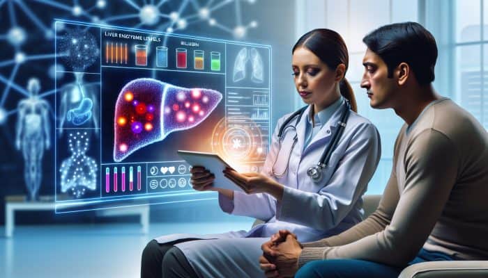 A healthcare professional reviewing liver blood test results with a patient on a digital tablet, displaying graphs and charts.