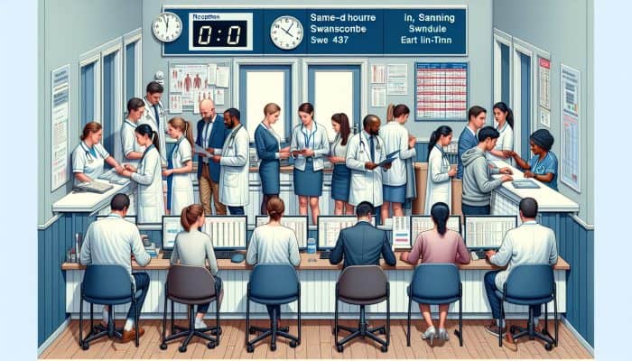 A busy Swanscombe clinic reception where patients are discussing urgent same-day liver test appointments, while staff members are scheduling on computers during early morning hours.