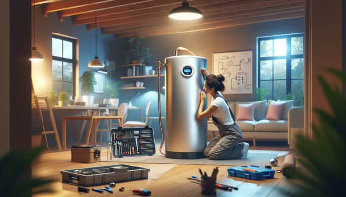 A modern hot water tank in a well-kept Ladner, Delta basement, serviced by a qualified plumber.