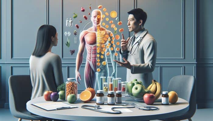 A healthcare provider reviews blood test results with a patient, discussing vitamin levels and health strategies.