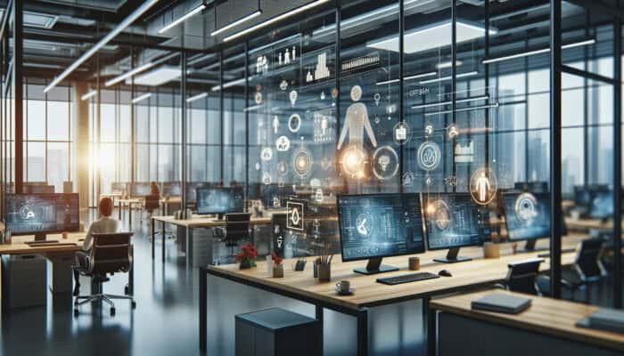 A modern office showcasing digital screens that indicate increased productivity and efficiency attributed to virtual assistants.