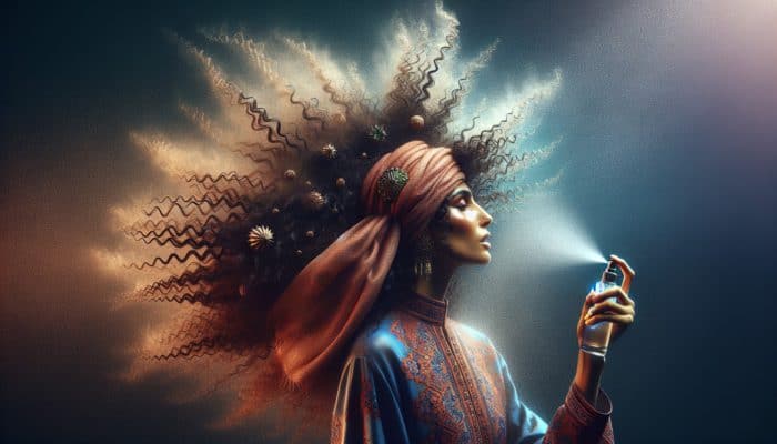 Person with curly hair using anti-frizz serum in humid environment to maintain sleek look.