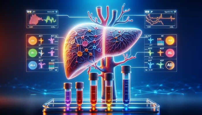 Liver Blood Test in Falkirk: A glowing human liver intertwined with veins, surrounded by test tubes labelled ALT, AST, bilirubin, and ALP in a modern lab with digital screens under blue lighting.