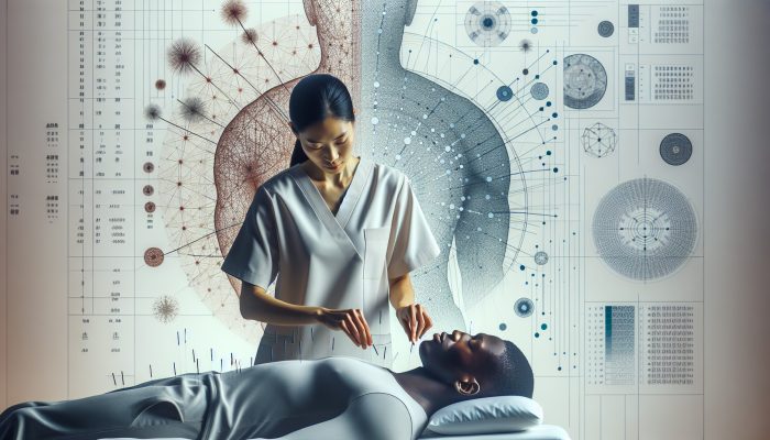 A serene acupuncturist treating a patient with needles in a minimalist clinic, surrounded by charts and certificates.