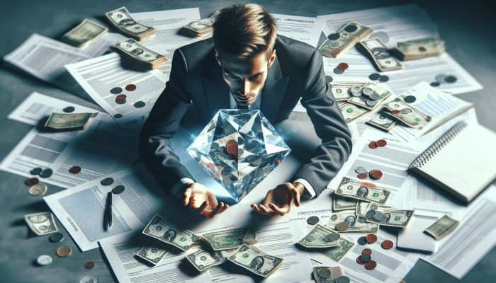 Debt Consolidation Costs vs Debt Payoff Costs: Person in UK consolidating multiple debts into one loan, relieved, with bills and contract on desk.