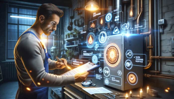 Technician inspects a modern boiler in a well-lit workshop, surrounded by glowing reviews on a tablet, stopwatch, and warranty certificates.