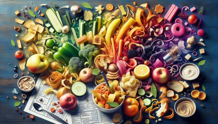 A lively kitchen scene with food scraps turned into delicious upcycled dishes.