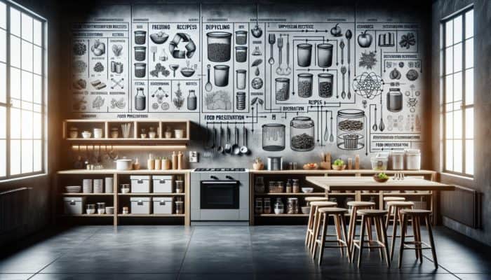 A kitchen scene depicting food scrap storage, upcycling recipes, and preservation methods like freezing, dehydrating, and fermenting.