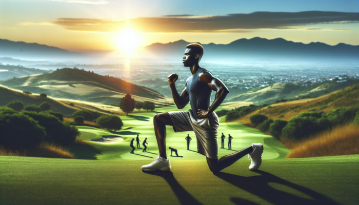A South African golfer doing cardiovascular exercises at sunrise on a high-altitude course.
