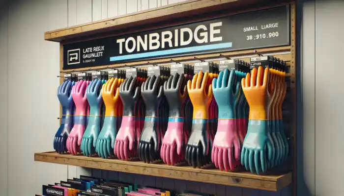 A display of latex gauntlet gloves in sizes ranging from small to extra-large, featuring long cuffs and textured grips, in various colours on a Tonbridge shelf.