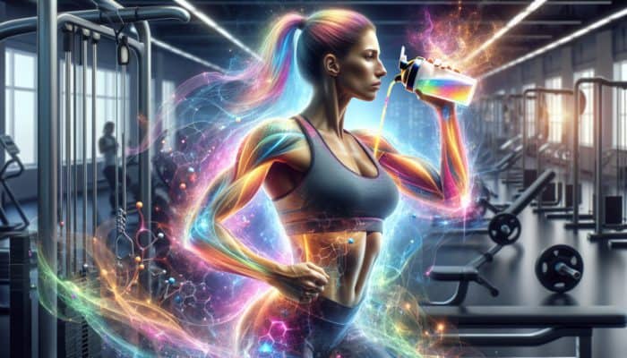 Athlete in modern gym mixing colourful energy drink, with glowing molecules boosting veins, surrounded by vibrant energy waves and fitness equipment.
