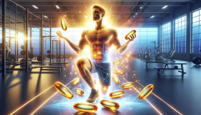 A vibrant athlete in a sunlit gym holds omega-3 capsules, with glowing effects symbolising reduced inflammation and faster recovery.