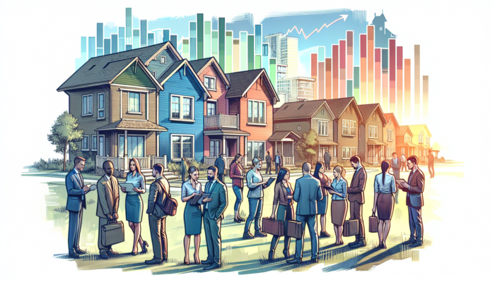 In Ladysmith, buyers analyse colourful charts of property price trends and maps of urban versus suburban demand, with agents negotiating deals amid modern homes and apartments.