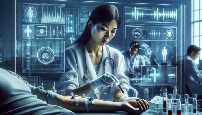 Blood Grouping Test in Great Malvern: A healthcare professional in a white coat draws blood in a sterile Great Malvern lab, analyzing ABO and RhD groups on screens.