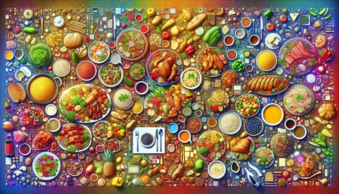 A vibrant buffet table with steaming rice, hearty pasta, grilled meats, colorful vegetables, herbs, spices, sauces, and melted cheeses.