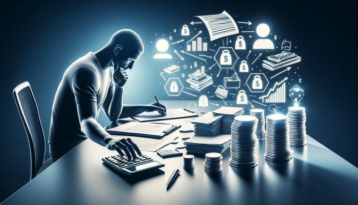 How Debt Consolidation Delays Financial Freedom | DCL Focused individual at a desk with financial forms, calculators, debt reduction graphs, and a flowchart to a lockbox symbolizing financial freedom.