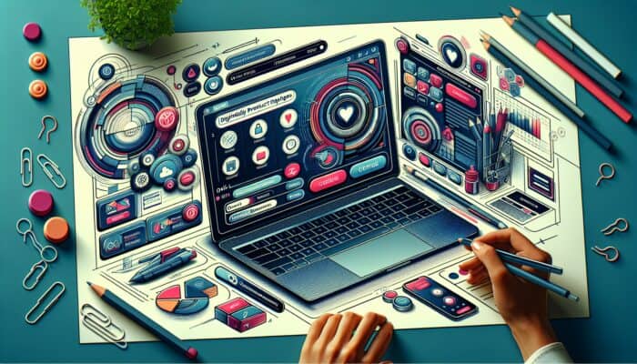 A vibrant digital illustration of a modern e-commerce page on a laptop, showcasing intuitive navigation, user-friendly buttons, and engaged users browsing.