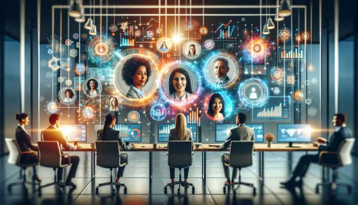 Professionals collaborating in a hybrid workspace via video calls and huddles, with digital dashboards showing productivity graphs and employee satisfaction avatars.