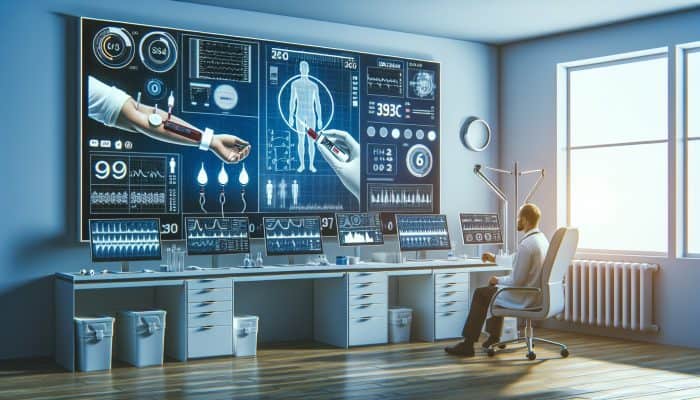 Diabetes Blood Test in Barnsley: A doctor in a modern NHS clinic draws blood for an HbA1c test from a patient, with monitors showing fasting plasma glucose results and a glucose tolerance setup nearby.