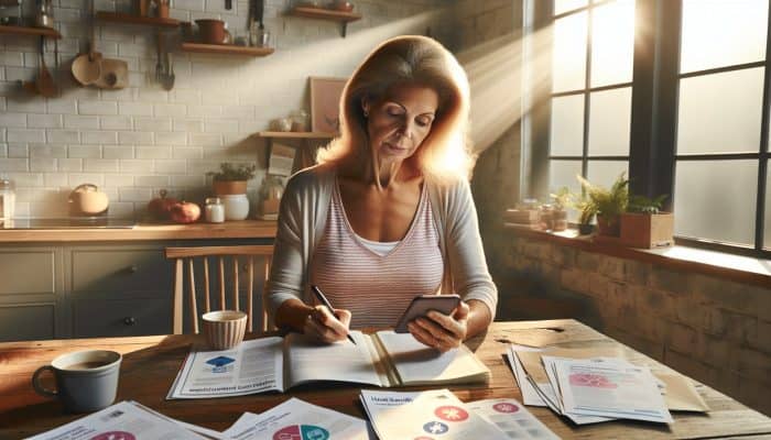 A middle-aged woman reviews her diabetes appointment on a smartphone at a sunlit table, jotting notes in a notebook amid health pamphlets.