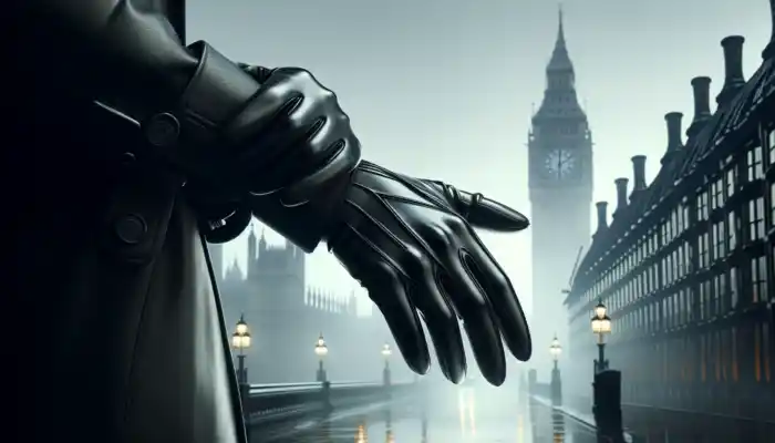 A professional wearing sleek black latex gauntlet gloves in a foggy London setting, with Big Ben visible in the backdrop and rainy weather adding to the atmosphere.