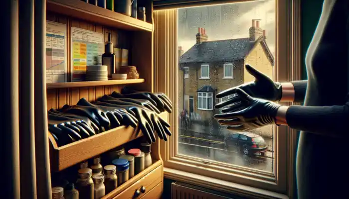 An individual in a warm home in Milton Keynes examines shiny black latex gauntlet gloves, storing them on a dry shelf near rain-streaked windows.