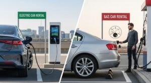 A split image showing an Electric Car charging at a station labelled "ELECTRIC CAR RENTAL" on the left, and a man refuelling a Gas Car under a "GAS CAR RENTAL" sign on the right. Both vehicles are outdoors with a city skyline, highlighting contemporary rental options.
