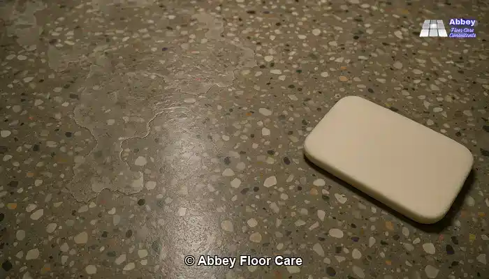 Terrazzo floor with patchy topical coating and uneven sheen.