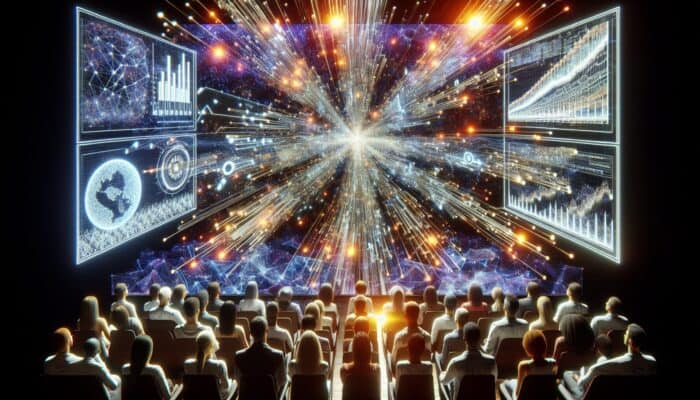 Creating Data-Driven Video Storytelling: Brilliant data charts and graphs combine into a captivating video narrative, engaging a diverse global audience on various screens.