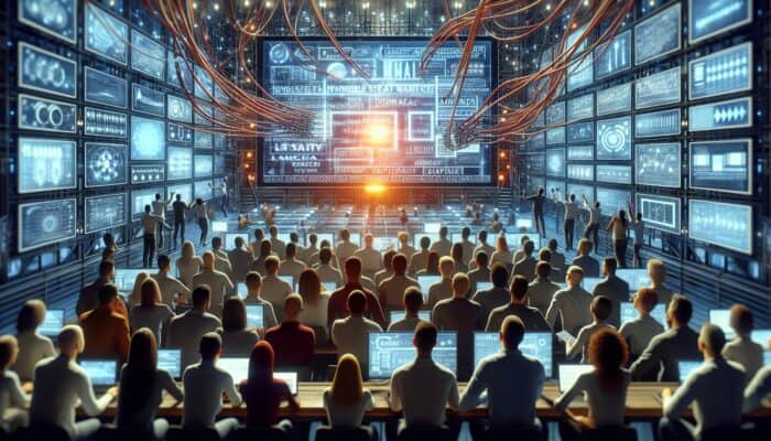 Dynamic video production studio: Analysts review datasets on glowing screens amidst cables, while viewers test content on a large display.