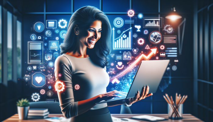 Excited small business owner in modern office views sleek website redesign on laptop, surrounded by trending graphs, happy customers, and vibrant growth icons.