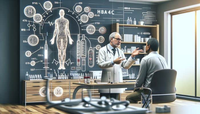 A compassionate doctor in a Beeston clinic discusses diabetes test results with a patient, pointing to an HbA1c chart showing normal levels below 48 mmol/mol.