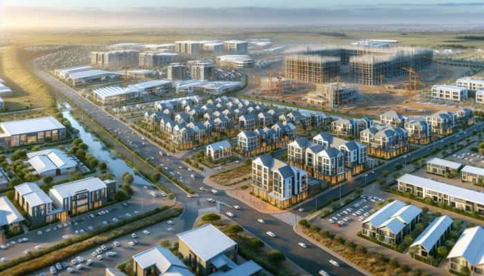 A vibrant Welkom neighbourhood with modern mid-level homes, new business developments, construction sites, wide roads, and community parks.