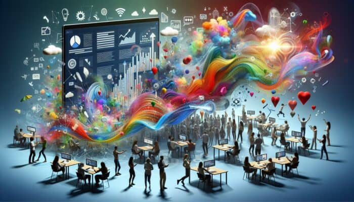 Diverse people engaging on social media: typing comments, voting in colourful polls, and chatting live on screens.