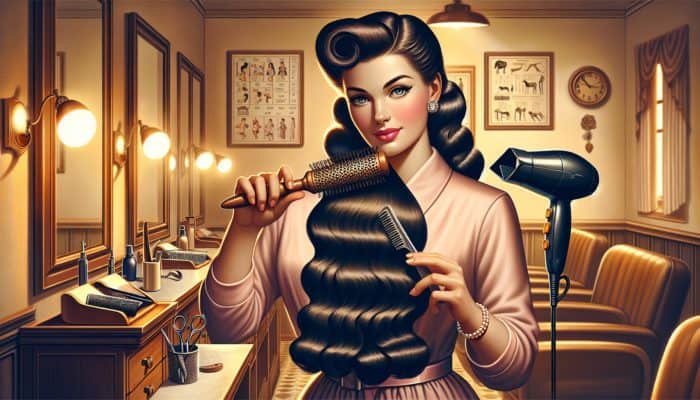 A vintage hairstylist in a 1950s salon styles glossy waves on long hair using a boar bristle brush and blow dryer under golden lighting.