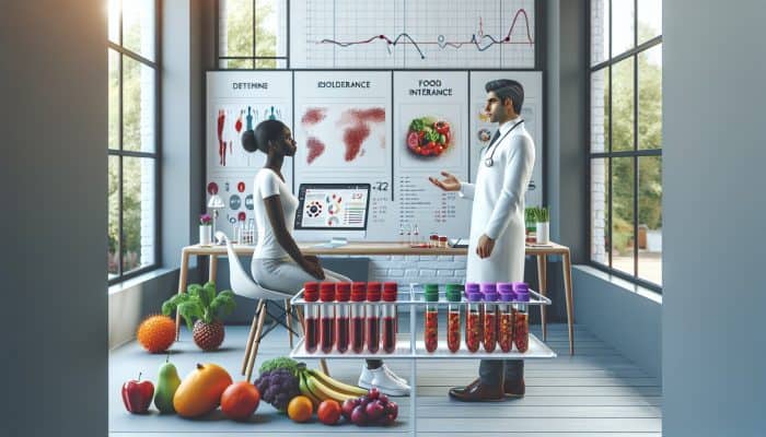 Doctor consulting patient on food intolerance in a modern clinic, surrounded by timelines, blood vials, and fresh fruits and vegetables.