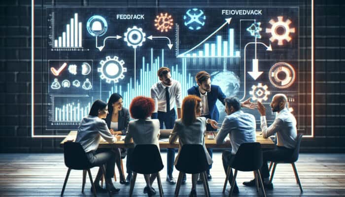 Diverse professionals collaborate in a corporate workshop around a screen displaying feedback charts, discussing mentorship and practicing decision-making.