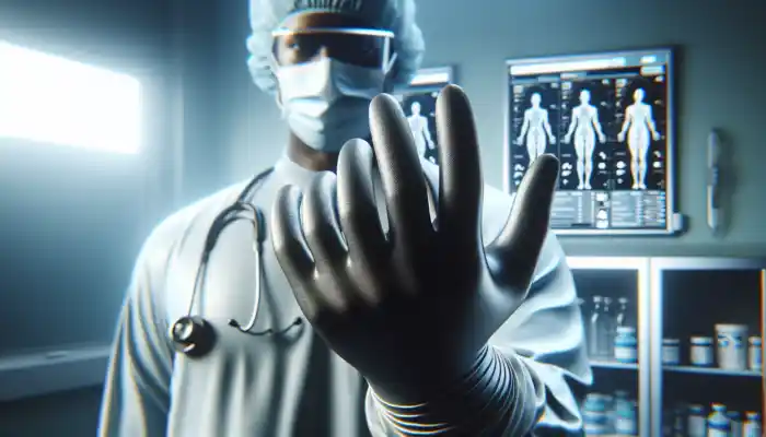 Close-up of latex gauntlet gloves on a healthcare worker's hands in a sterile Poole clinic, emphasizing protection during procedures.