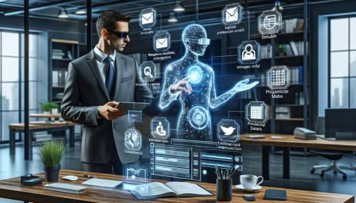 A busy professional in a modern office uses a holographic virtual assistant to manage emails, calendars, and tasks for better work-life balance.
