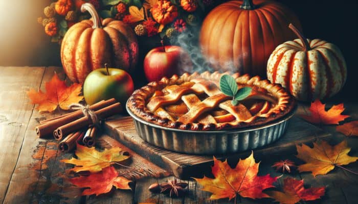 A freshly baked apple pie with a golden, flaky crust on a wooden table, surrounded by pumpkins, cinnamon sticks, and fall leaves.