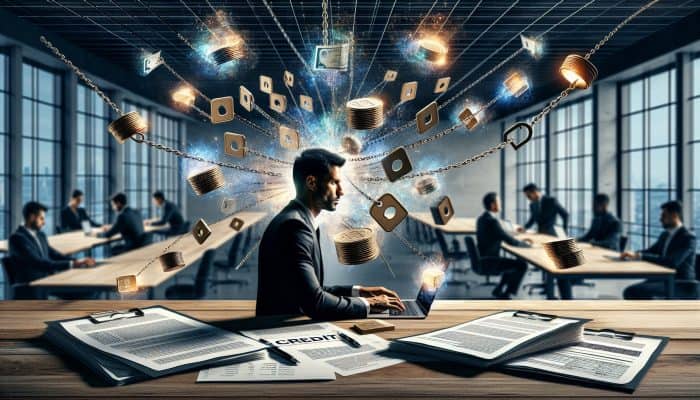 Borrower reviews credit reports in a modern London office, surrounded by documents and symbolic debt chains merging into a golden key for financial freedom.