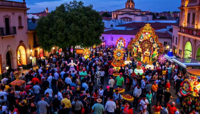 A lively Plaza in San Miguel de Allende during the Festival de las Calaveras, showcasing colourful parades, traditional dancers in elaborate costumes, and intricately decorated altars, all illuminated by festive lights.